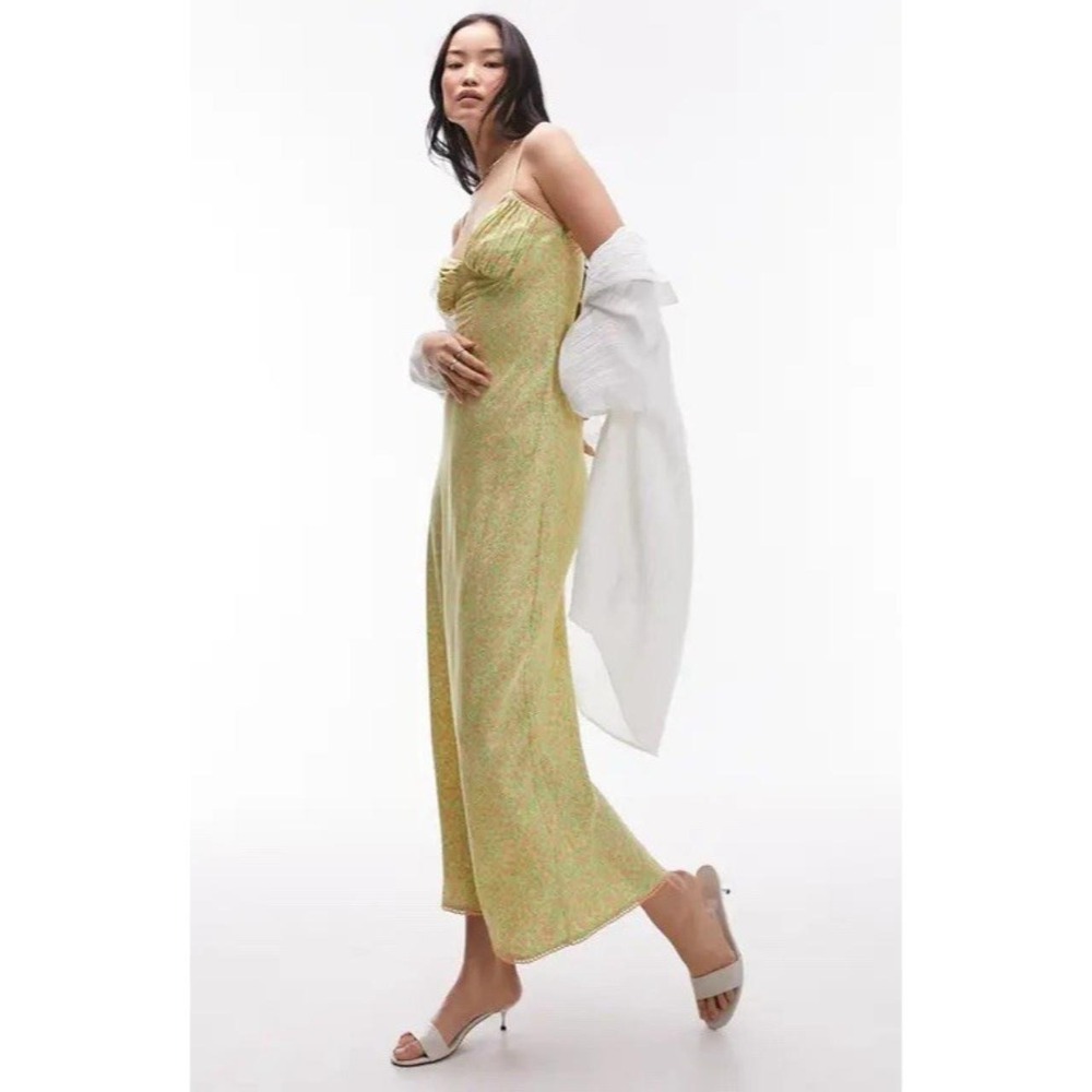 Topshop Maxi Jacquard Dress Size 10 Green Floral Chiffon Sleeveless NWT